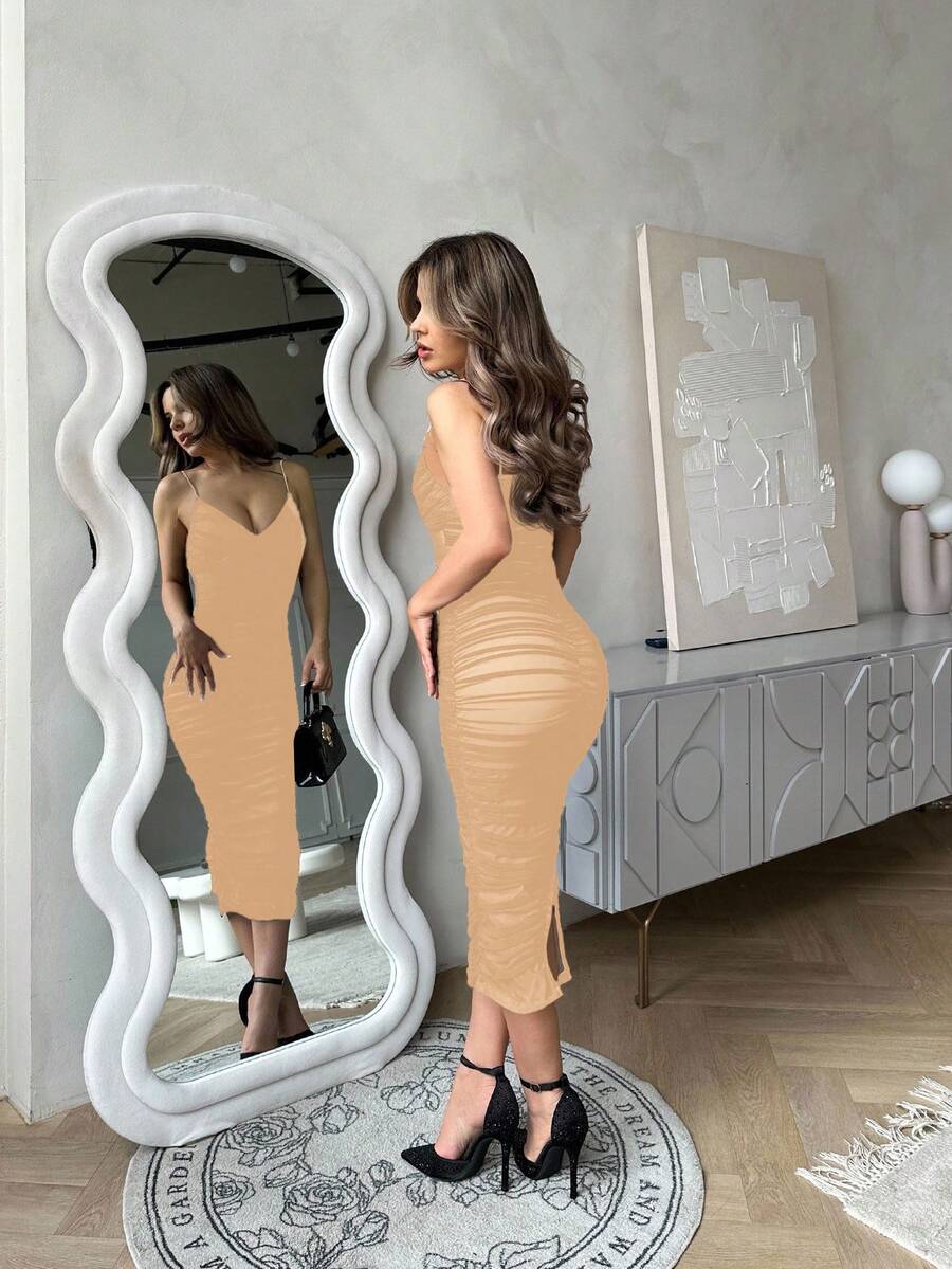 Ženska Svečana Haljina – Nabran Slip Model od Mrežaste Tkanine