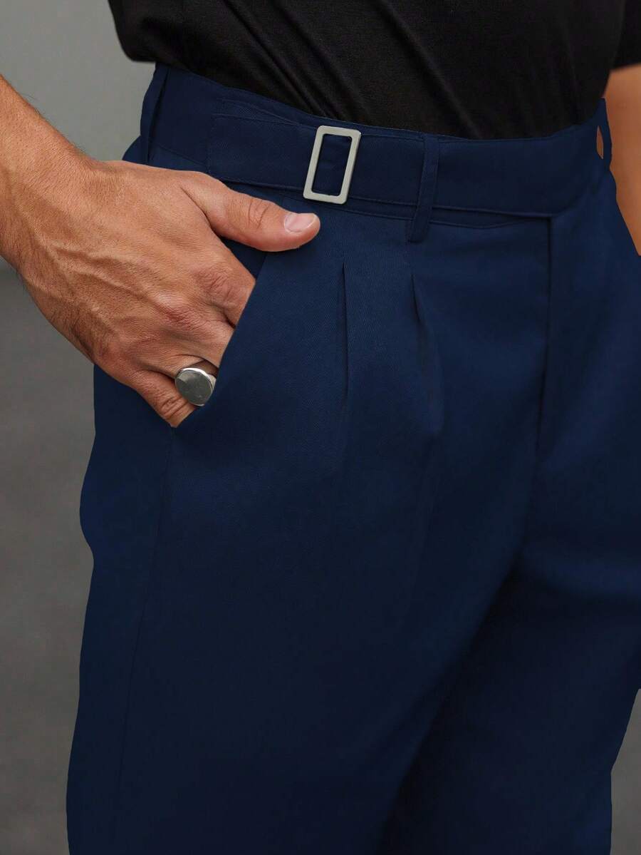 Muške svečane pantalone od odela jednobojne sa dizajnom kopče na struku, džepovima i suženim nogavicama