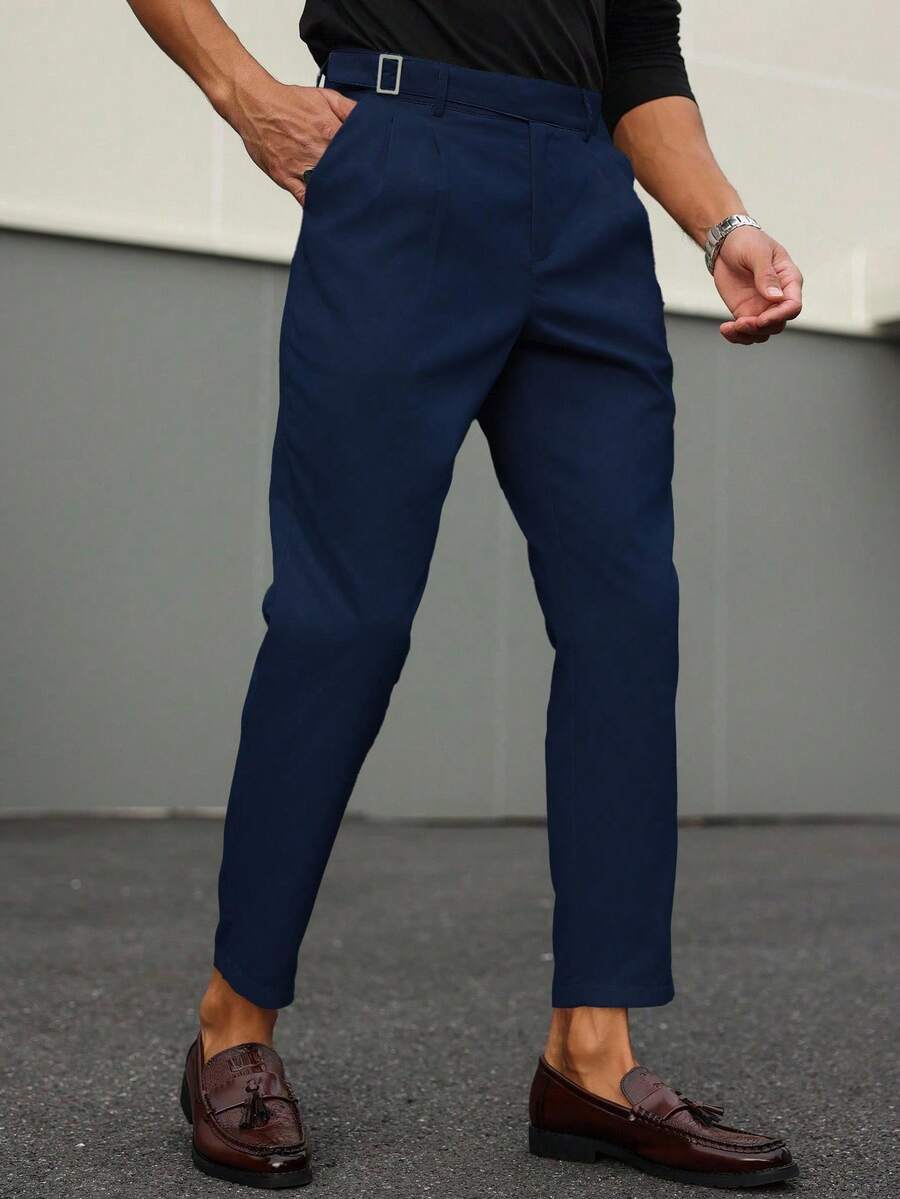 Muške svečane pantalone od odela jednobojne sa dizajnom kopče na struku, džepovima i suženim nogavicama