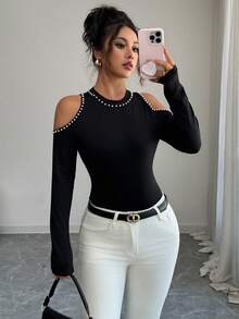 Elenzga Women's 2025 New Pearl Decor Cutout Shoulder Elegant Refined Long Sleeve T-Shirt