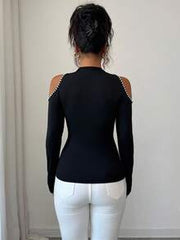 Elenzga Women's 2025 New Pearl Decor Cutout Shoulder Elegant Refined Long Sleeve T-Shirt