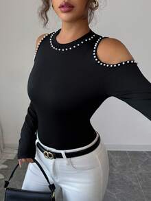 Elenzga Women's 2025 New Pearl Decor Cutout Shoulder Elegant Refined Long Sleeve T-Shirt