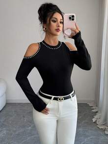 Elenzga Women's 2025 New Pearl Decor Cutout Shoulder Elegant Refined Long Sleeve T-Shirt