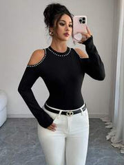 Elenzga Women's 2025 New Pearl Decor Cutout Shoulder Elegant Refined Long Sleeve T-Shirt