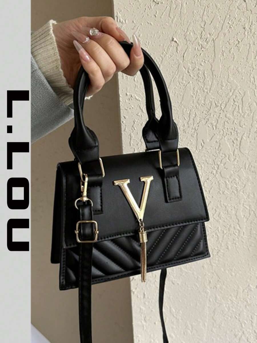 Mini ležerna kvadratna torba sa dvostrukim gornjim ručkama, preklopnim zatvaranjem, metalnim V detaljem