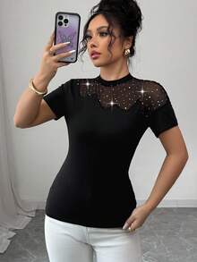 Elenzga Women's Summer Elastic Fitted Crewneck Short Sleeve T-Shirt With Sequins, Mesh Splicing, And Hollow Design, Sexy And Fashionable Casual