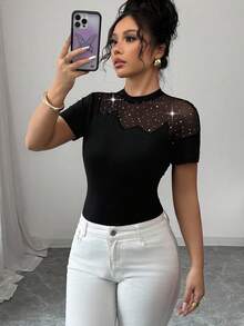 Elenzga Women's Summer Elastic Fitted Crewneck Short Sleeve T-Shirt With Sequins, Mesh Splicing, And Hollow Design, Sexy And Fashionable Casual