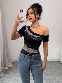 Selianne Women Elastic Knit Asymmetrical Neck Mesh Rhinestoned T-Shirt, Sexy Fashion Outerwear Tee, Spring/Summer