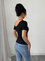 Selianne Women Elastic Knit Asymmetrical Neck Mesh Rhinestoned T-Shirt, Sexy Fashion Outerwear Tee, Spring/Summer