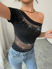 Selianne Women Elastic Knit Asymmetrical Neck Mesh Rhinestoned T-Shirt, Sexy Fashion Outerwear Tee, Spring/Summer