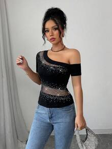 Selianne Women Elastic Knit Asymmetrical Neck Mesh Rhinestoned T-Shirt, Sexy Fashion Outerwear Tee, Spring/Summer