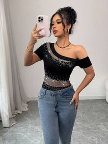 Selianne Women Elastic Knit Asymmetrical Neck Mesh Rhinestoned T-Shirt, Sexy Fashion Outerwear Tee, Spring/Summer