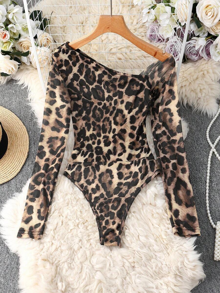 Ženski modni providni mrežasti body sa leopard printom