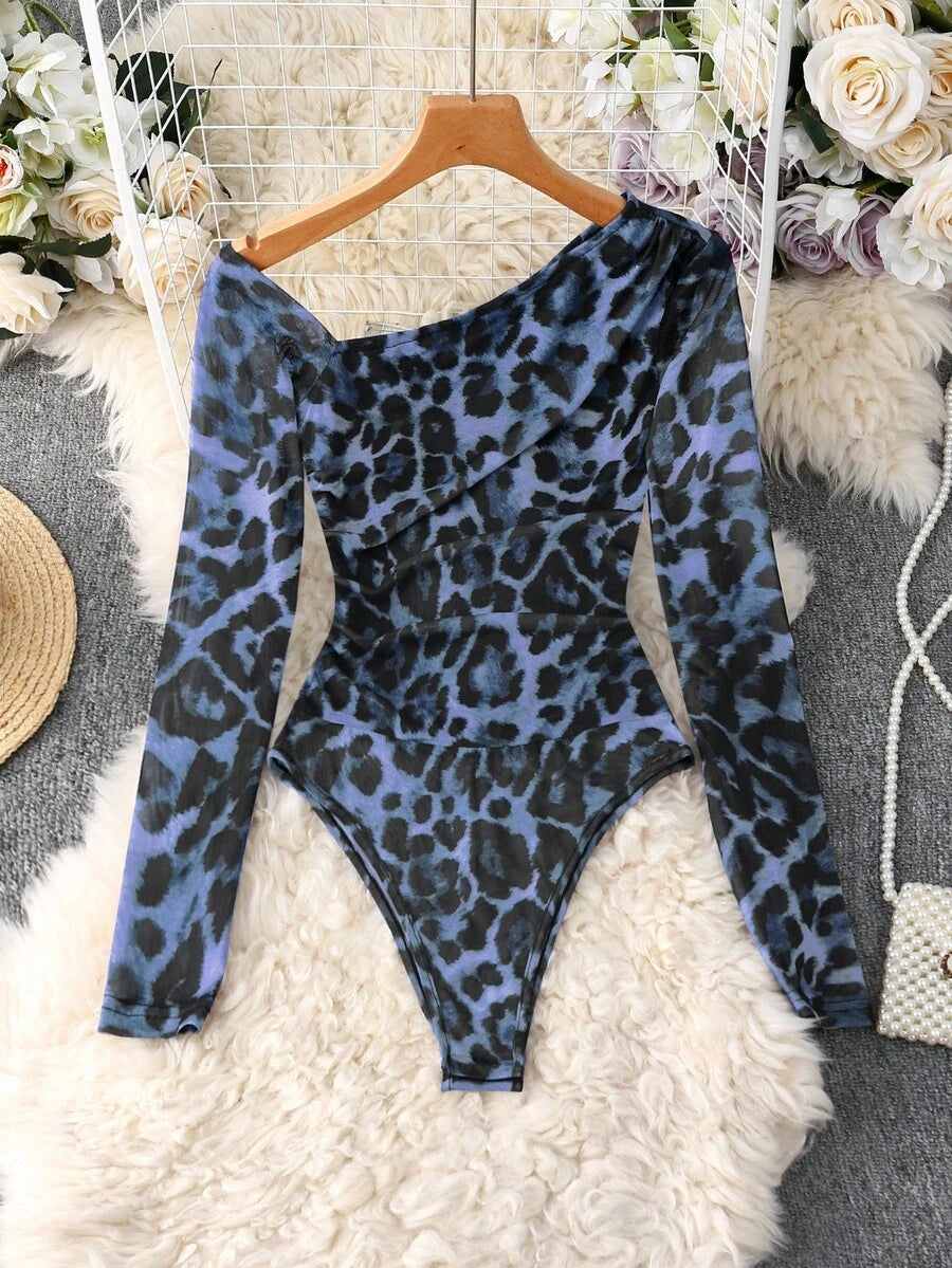 Ženski modni providni mrežasti body sa leopard printom
