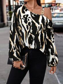 Balvessa Women's Contrast Color Oblique Shoulder Long Sleeve Loose Blouse Night Out Black Winter Elegant