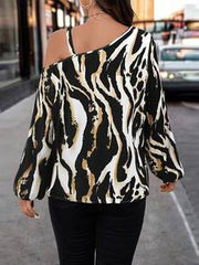 Balvessa Women's Contrast Color Oblique Shoulder Long Sleeve Loose Blouse Night Out Black Winter Elegant