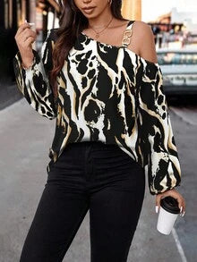 Balvessa Women's Contrast Color Oblique Shoulder Long Sleeve Loose Blouse Night Out Black Winter Elegant