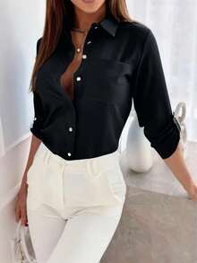 EMERY ROSE Women Casual Solid Color Long Sleeve Cuff Blouse Women Shirt