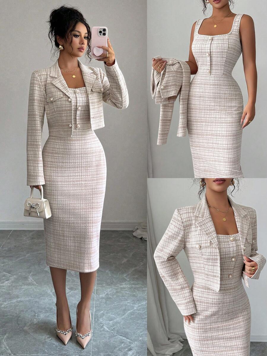Tweed odelo od 2 dela: elegantna sako jakna  + uska haljina bez rukava