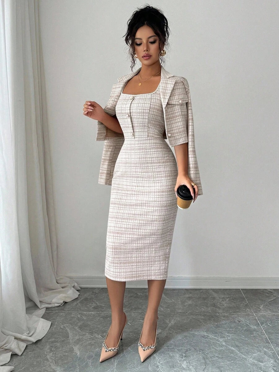 Tweed odelo od 2 dela: elegantna sako jakna  + uska haljina bez rukava