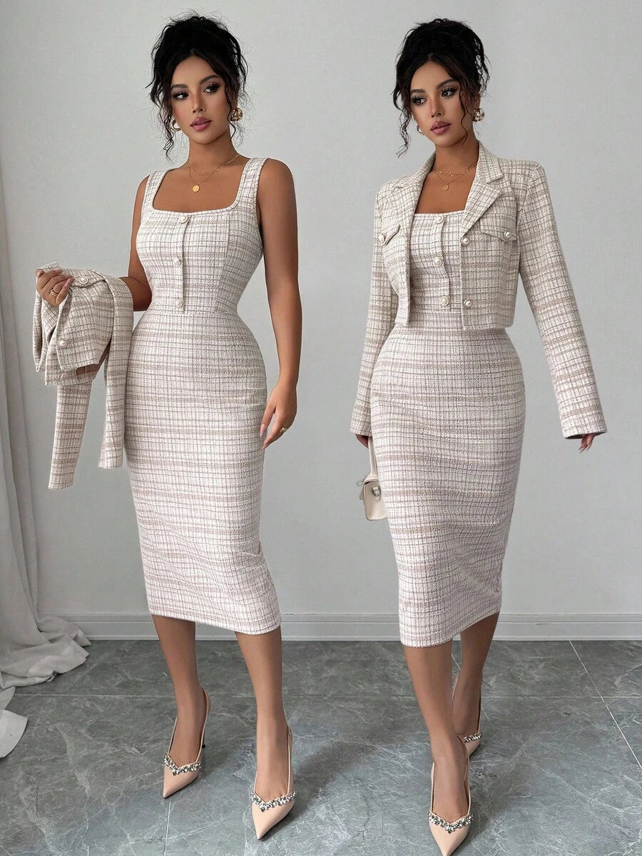 Tweed odelo od 2 dela: elegantna sako jakna  + uska haljina bez rukava