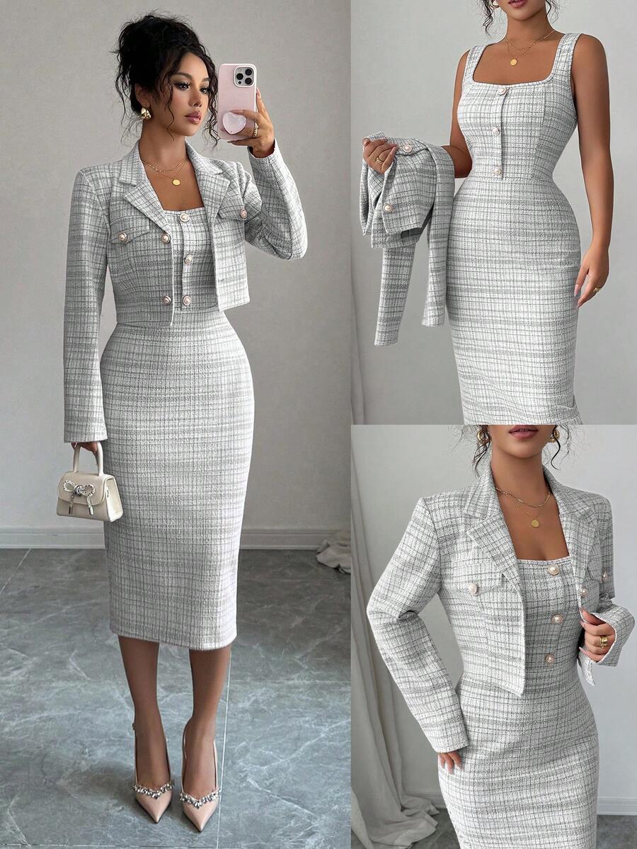 Tweed odelo od 2 dela: elegantna sako jakna  + uska haljina bez rukava