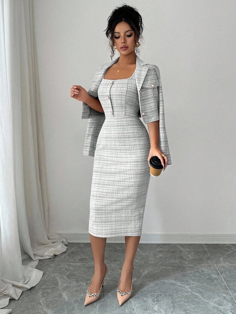 Tweed odelo od 2 dela: elegantna sako jakna  + uska haljina bez rukava