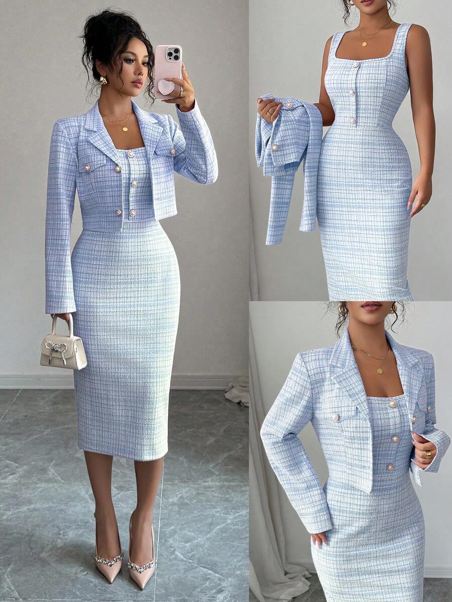 Tweed odelo od 2 dela: elegantna sako jakna  + uska haljina bez rukava