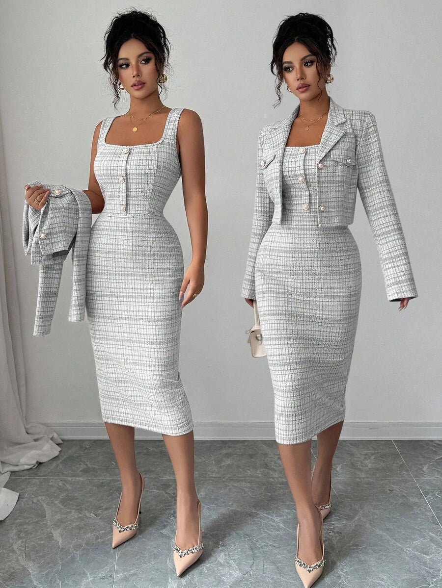 Tweed odelo od 2 dela: elegantna sako jakna  + uska haljina bez rukava