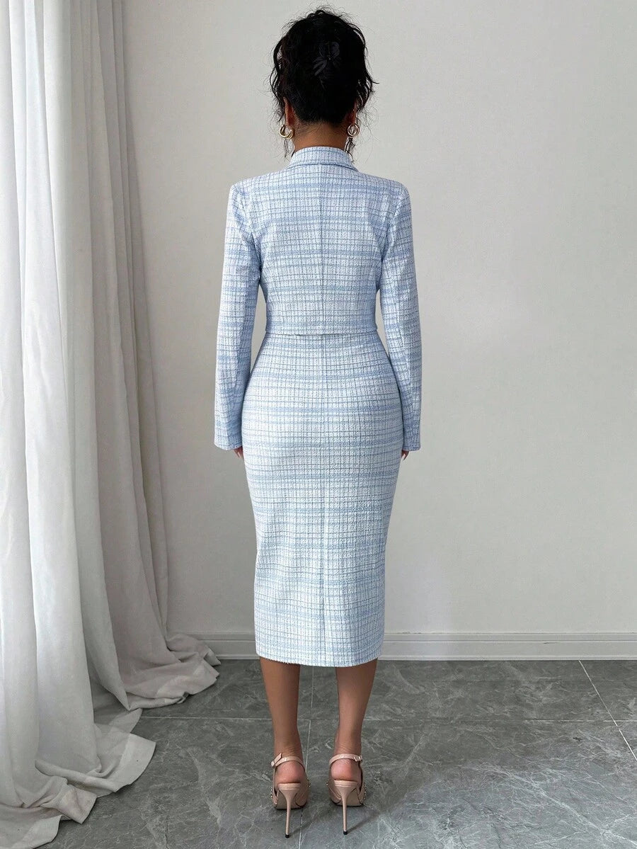 Tweed odelo od 2 dela: elegantna sako jakna  + uska haljina bez rukava