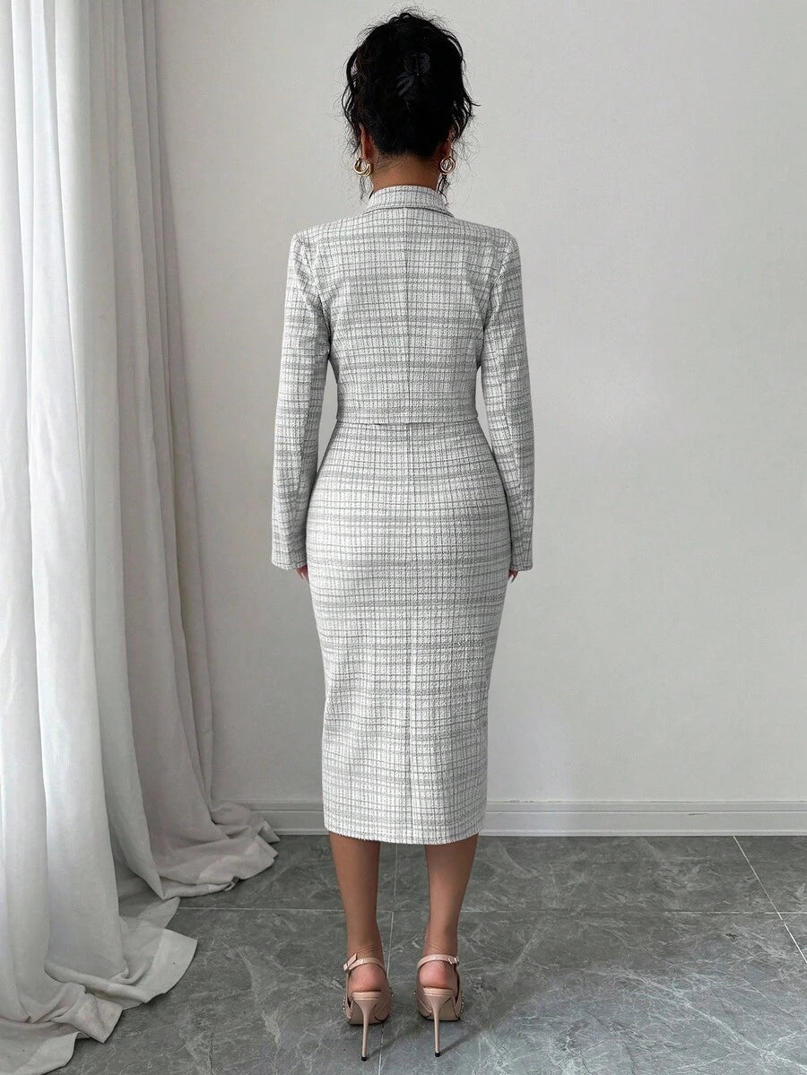 Tweed odelo od 2 dela: elegantna sako jakna  + uska haljina bez rukava