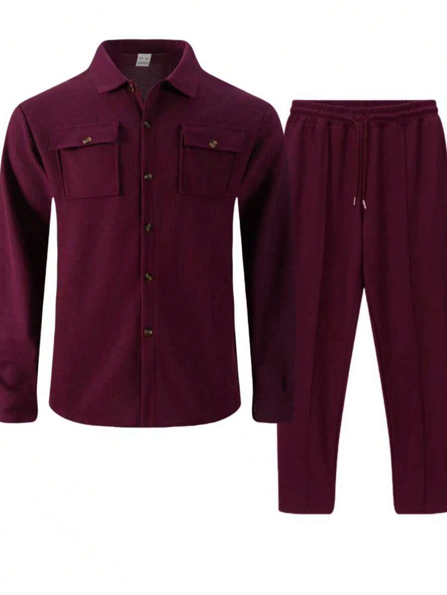 Muški set od 2 komada, ležerna jednobojna košulja sa kragnom + duge pantalone