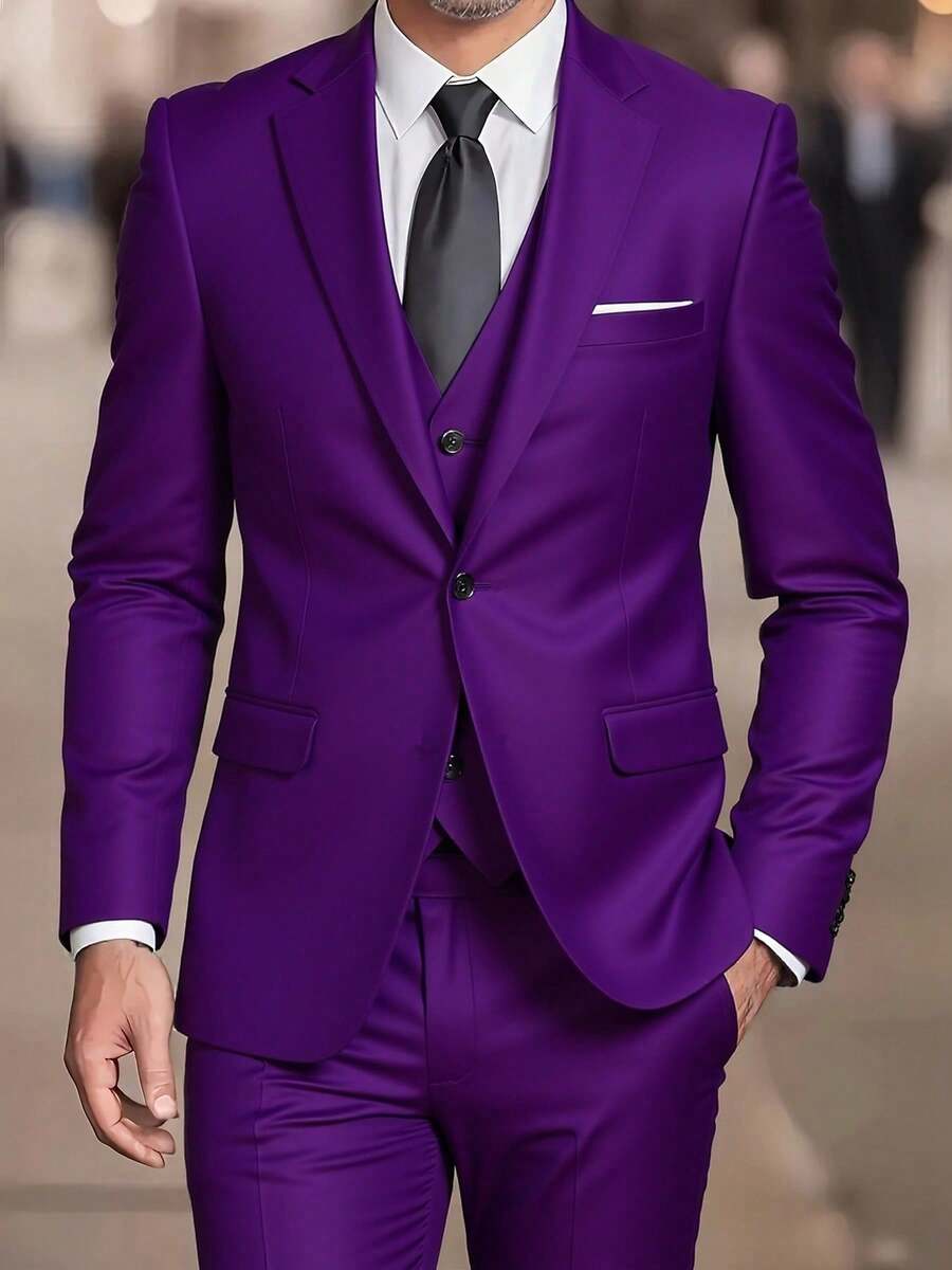 Muški set od 3 dela u jednoj boji, slim fit, rastegljiv, uključuje sako, prsluk i pantalone