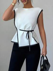 Elenzga Women's Elegant Fitted Two-Tone Blouse, Suitable For Commuting