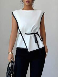 Elenzga Women's Elegant Fitted Two-Tone Blouse, Suitable For Commuting