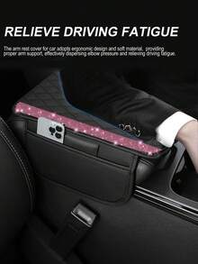 1pc Universal Sparkling Diamond Car Armrest Cover - Leather Center Console Protector With 2 Storage Pockets, Fits Most Vehicles