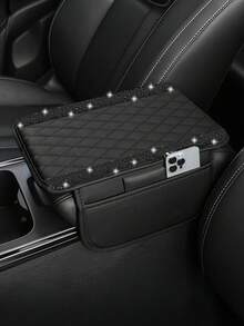 1pc Universal Sparkling Diamond Car Armrest Cover - Leather Center Console Protector With 2 Storage Pockets, Fits Most Vehicles