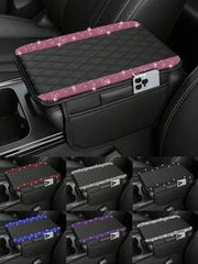 1pc Universal Sparkling Diamond Car Armrest Cover - Leather Center Console Protector With 2 Storage Pockets, Fits Most Vehicles