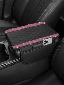 1pc Universal Sparkling Diamond Car Armrest Cover - Leather Center Console Protector With 2 Storage Pockets, Fits Most Vehicles