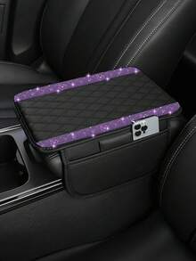 1pc Universal Sparkling Diamond Car Armrest Cover - Leather Center Console Protector With 2 Storage Pockets, Fits Most Vehicles