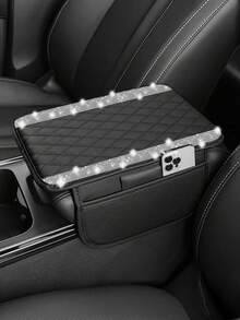 1pc Universal Sparkling Diamond Car Armrest Cover - Leather Center Console Protector With 2 Storage Pockets, Fits Most Vehicles