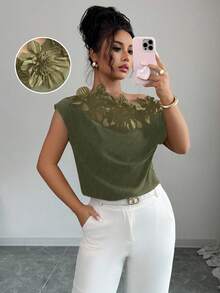Elenzga Women's Elegant 3D Floral Decor Asymmetric Collar Blouse, Summer