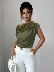 Elenzga Women's Elegant 3D Floral Decor Asymmetric Collar Blouse, Summer