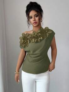 Elenzga Women's Elegant 3D Floral Decor Asymmetric Collar Blouse, Summer