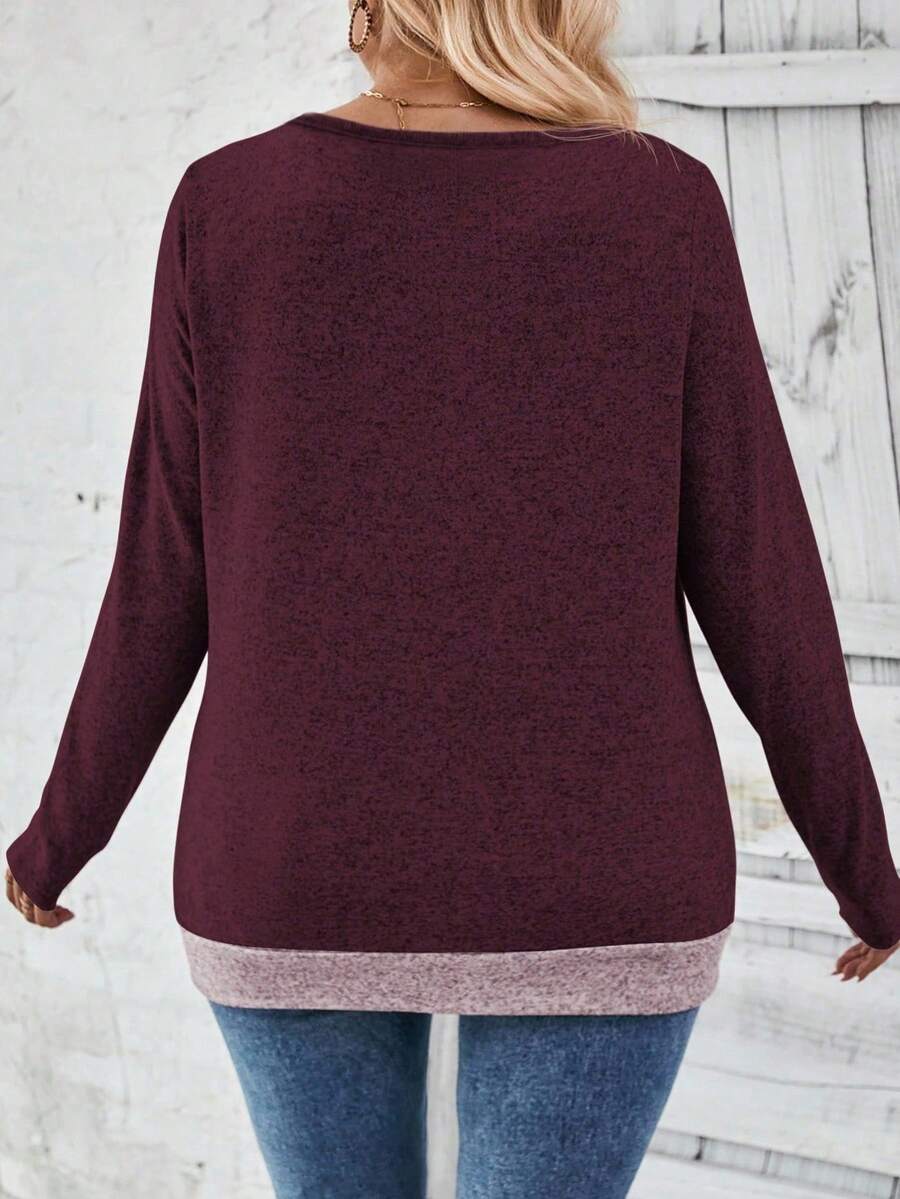 Ženska ležerna majica dugih rukava plus size sa ukrasnim dugmićima i kontrastnim rubom