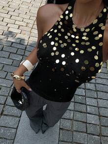 Siren Gaze Women's Halter Neck U-Back Sequin Fitted Fashion Camisole Winter Chic Black Casual Spring