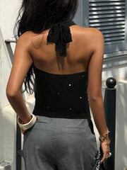 Siren Gaze Women's Halter Neck U-Back Sequin Fitted Fashion Camisole Winter Chic Black Casual Spring