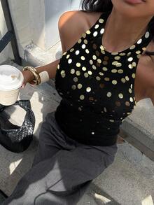 Siren Gaze Women's Halter Neck U-Back Sequin Fitted Fashion Camisole Winter Chic Black Casual Spring