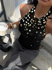 Siren Gaze Women's Halter Neck U-Back Sequin Fitted Fashion Camisole Winter Chic Black Casual Spring