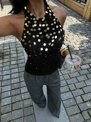 Siren Gaze Women's Halter Neck U-Back Sequin Fitted Fashion Camisole Winter Chic Black Casual Spring